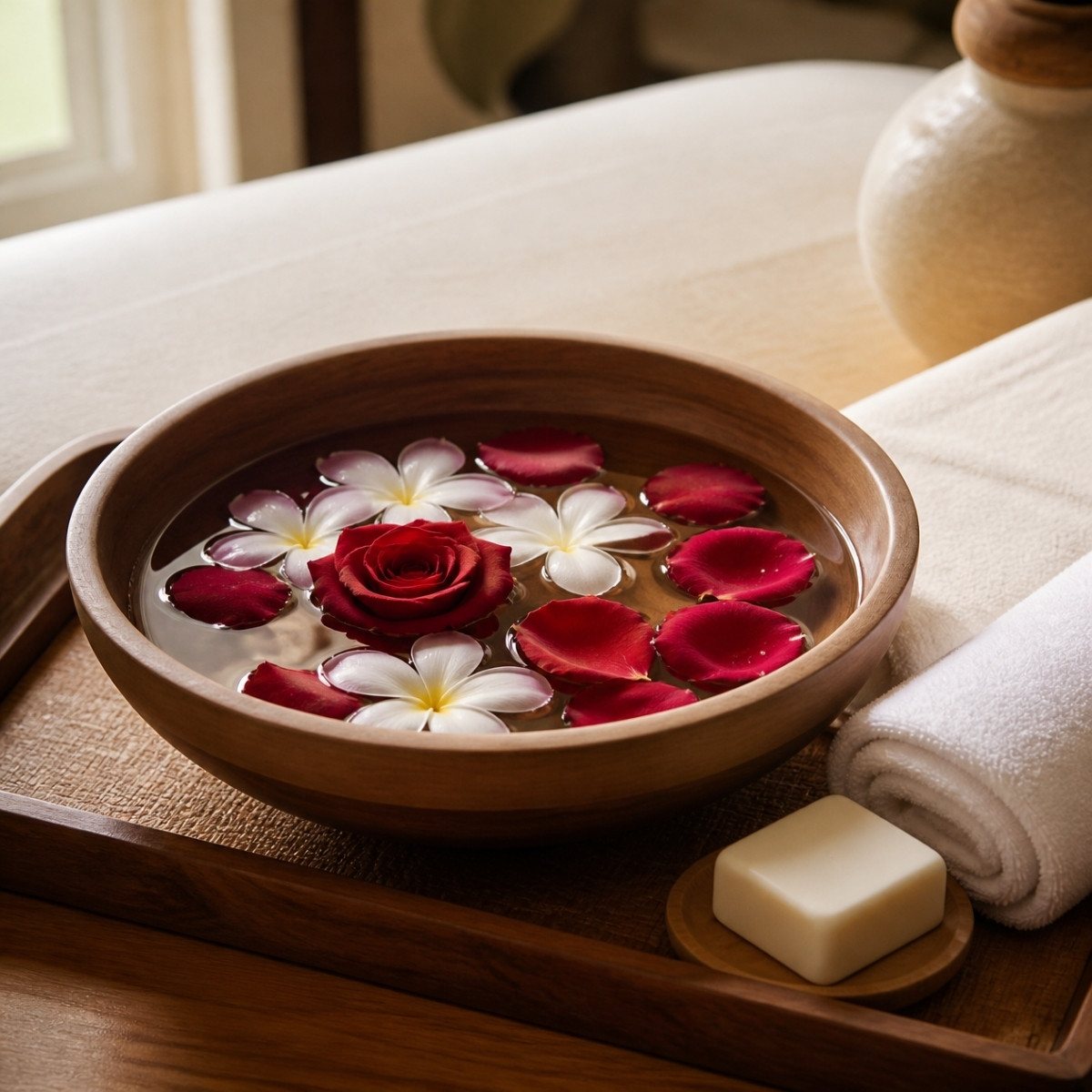 Mangkuk air bunga untuk ritual spa